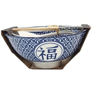 SH Home Ceramic Ramen Noodle Bowl Set 42oz Chopsticks & Spoon Blue Good Fortune